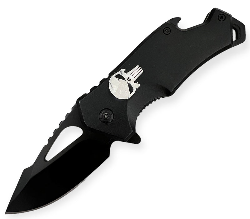 DROP POINT BLACK  FOLDING  With  BEER BOTTLE  OPENER WITH SKULL