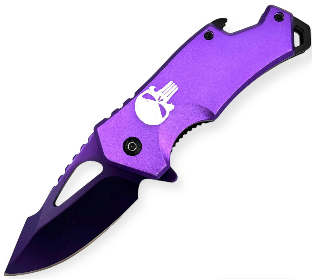 DROP POINT PURPLE  FOLDING  With  BEER BOTTLE OPENER WITH SKULL