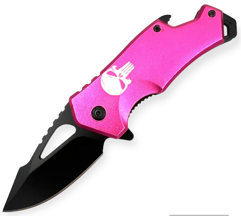 DROP POINT PINK   FOLDING  With  BEER BOTTLE  OPENER WITH SKULL