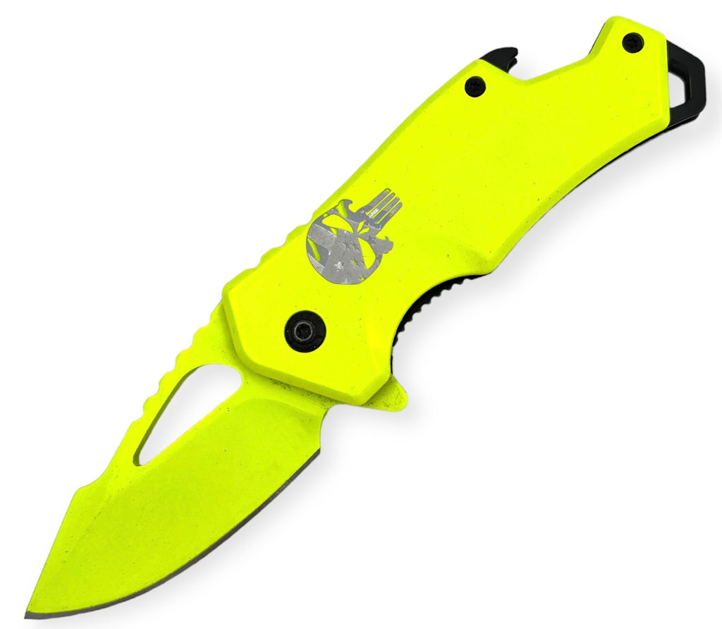 DROP POINT YELLOW   FOLDING  With  BEER BOTTLE OPENER WITH SKULL
