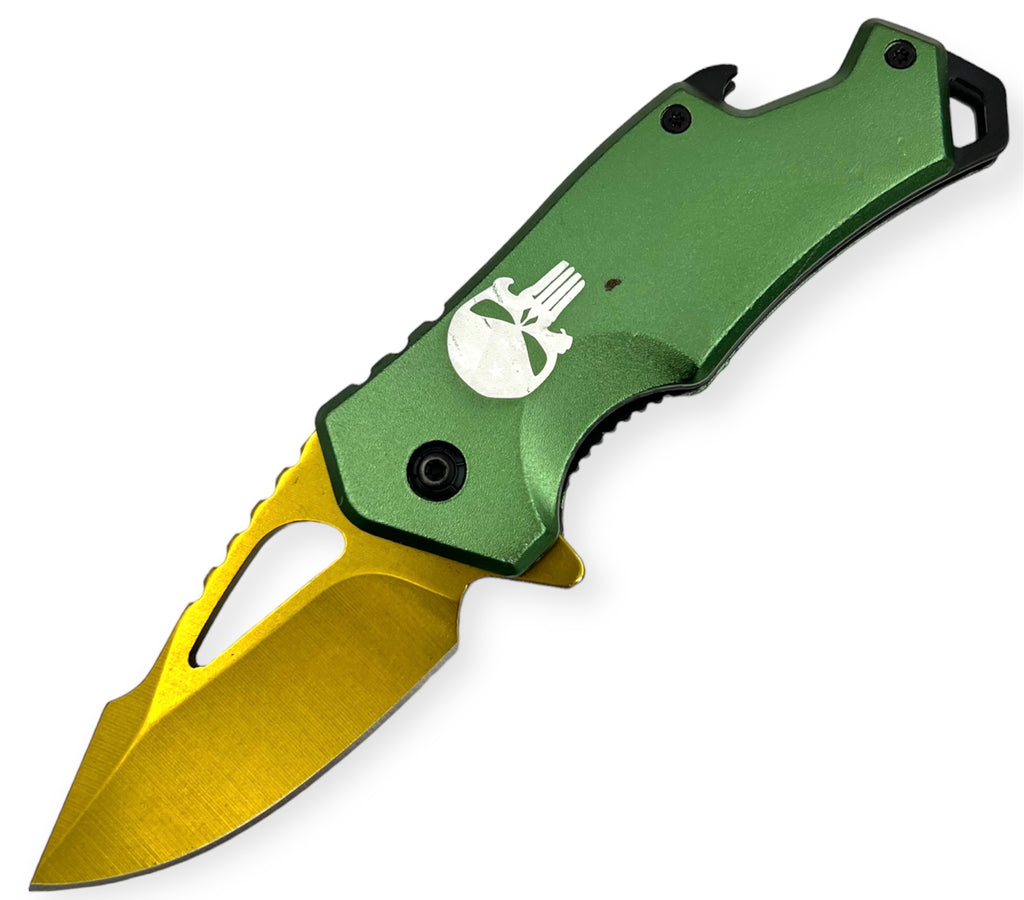 DROP POINT GREEN HANDLE GOLD BLADE FOLDING  With  BEER BOTTLE  OPENER WITH SKULL