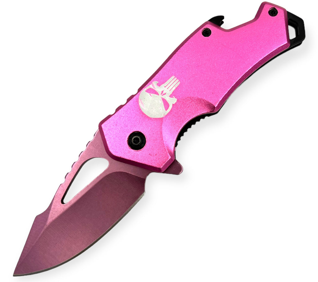 DROP POINT PINKHANDLE PINK BLADE   FOLDING  With  BEER BOTTLE OPENER WITH SKULL