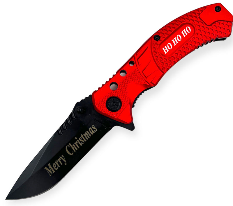 8 Inch Spring Assisted TechTact Knife DP Blade -RED CHRISTMAS HOHOHO