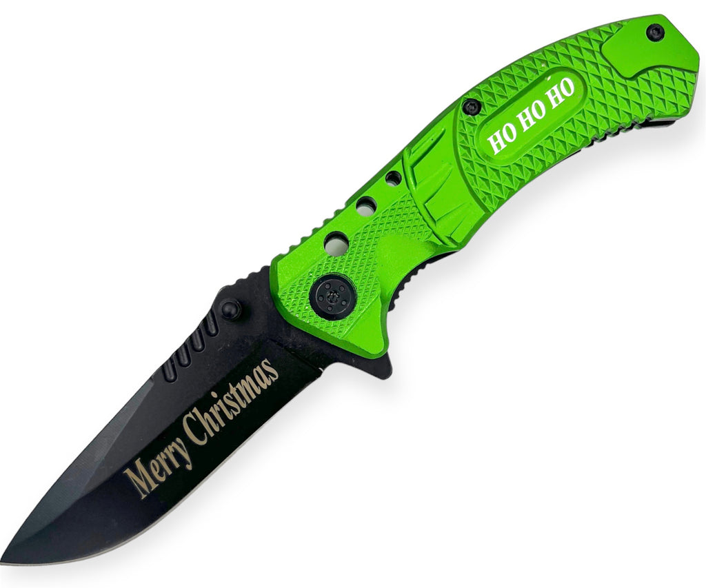 8 Inch Spring Assisted TechTact Knife DP Blade -GREEN MERRY CHRISTMAS HOHOHO
