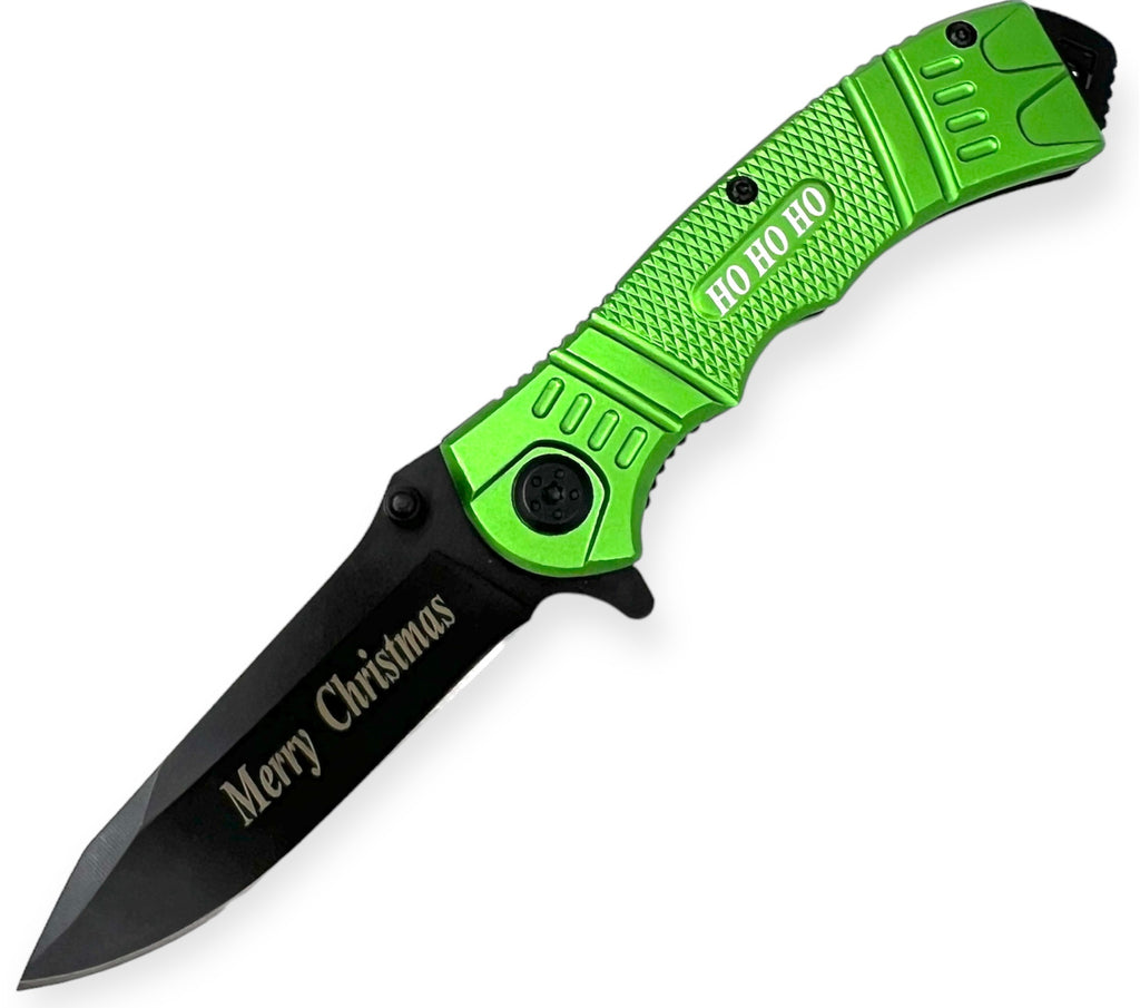 8 Inch Spring Assisted TechTact Knife DP Blade - Green MERRY CHRISTMAS HOHOHO