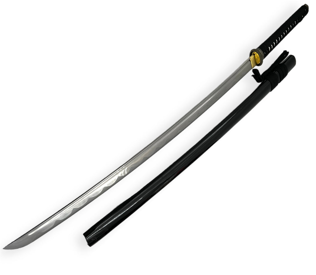 Steel Battle Ready Katana Silver Blade -BLACK  Free Stand