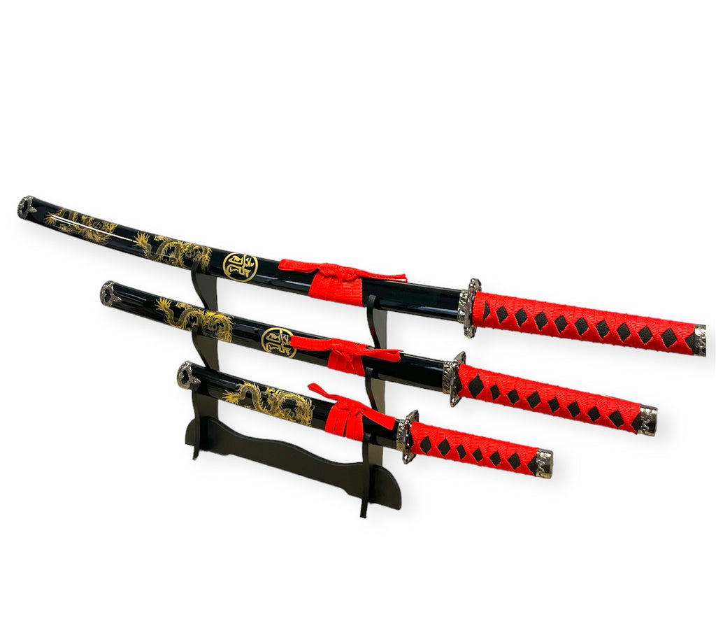Decorative 3PC  Sword Set W stand Black  Red Handle  (Gold Drogon)