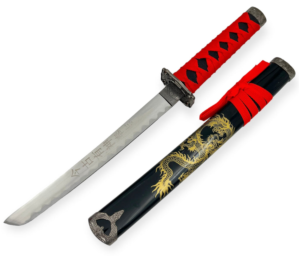 Decorative 3PC  Sword Set W stand Black  Red Handle  (Gold Drogon)