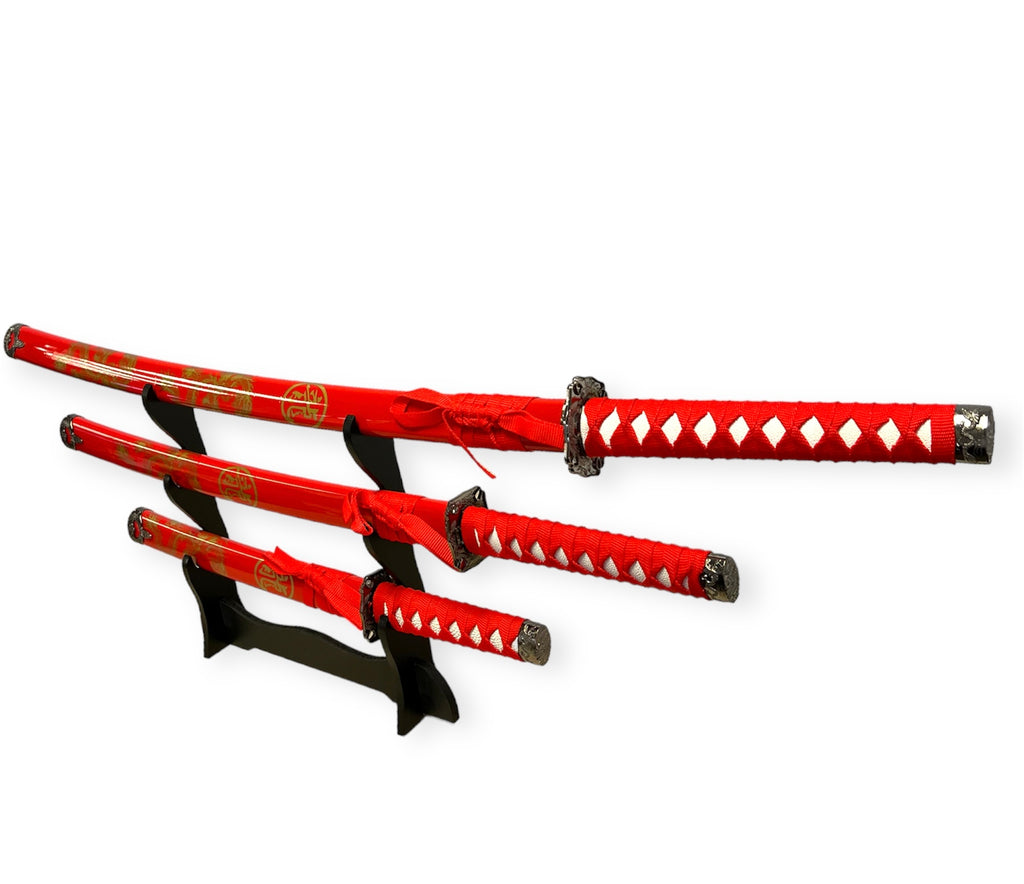 Decorative 3PC  Sword Set W stand Red  (Gold Drogon)