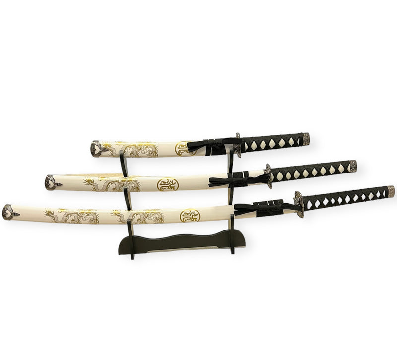 Decorative 3PC  Sword Set W stand White Black Handle     (Gold Drogon)