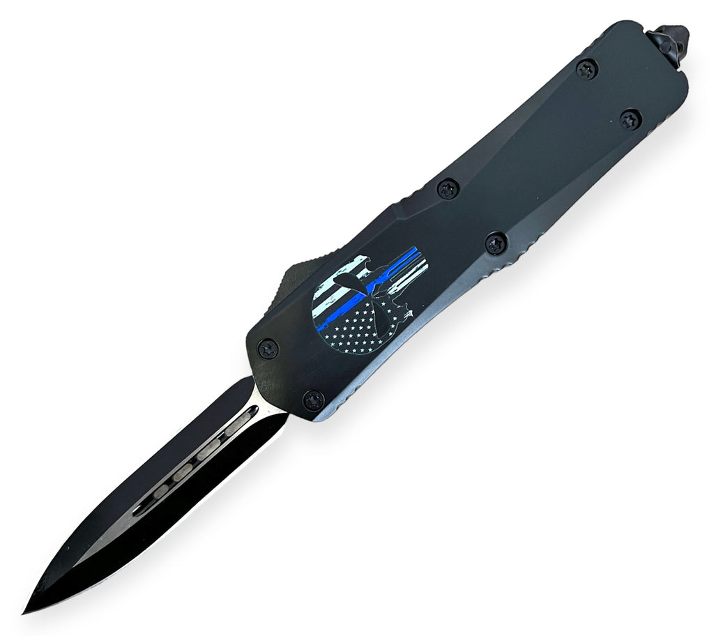 OTF Knife Double Side Blue  Line w/Skull