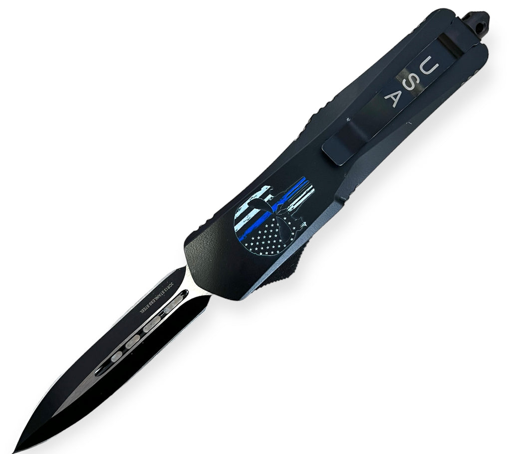 OTF Knife Double Side Blue  Line w/Skull