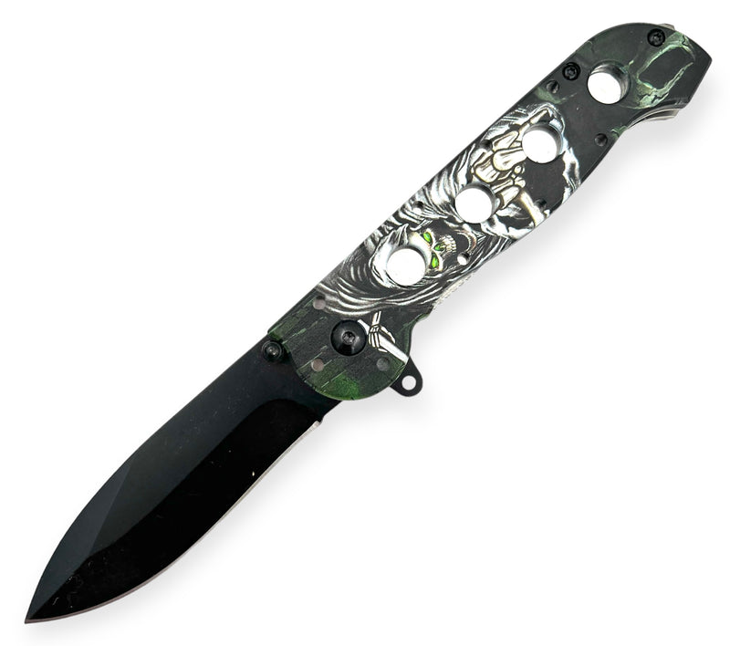 Tiger Usa® Spring Assisted Knife  WHITE AND BLACK SKULL