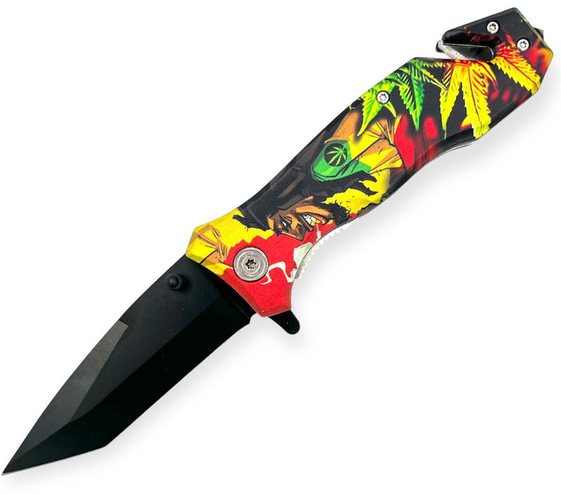Tiger-USA Spring Assisted Knife Tanto Blade (Rasta Plant)