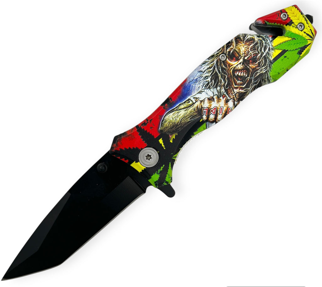 Folding Knife W. Clip  Skull Rasta