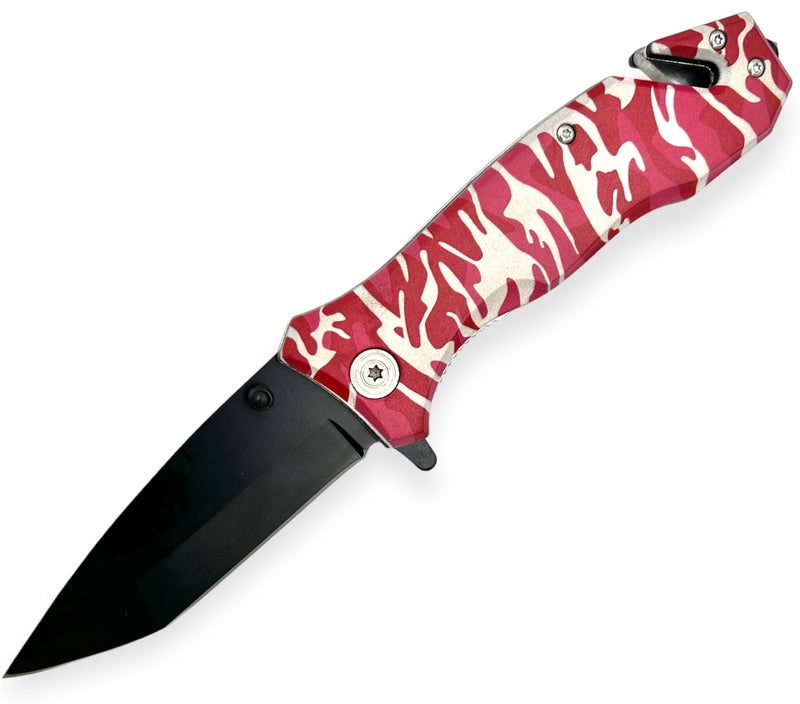 Folding Knife W. Clip Red Pink CAMO