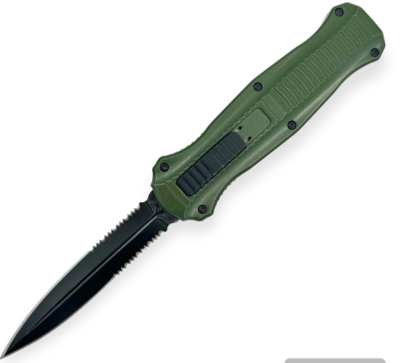 OTF Knife Double Blade Half Serrated Green