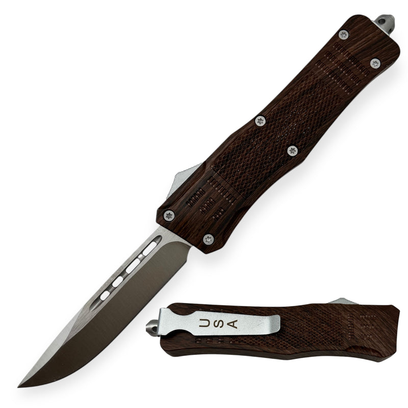 OTF Automatic Knife Wood Desing Drop Point Blade