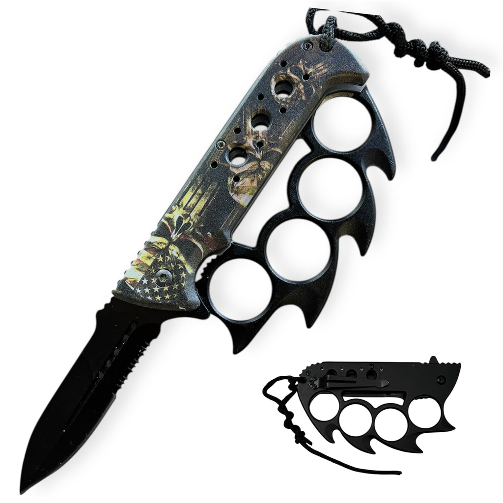 8.25 Inch Elite Claw Spring Assisted Trench Knife with Paracord Skulls