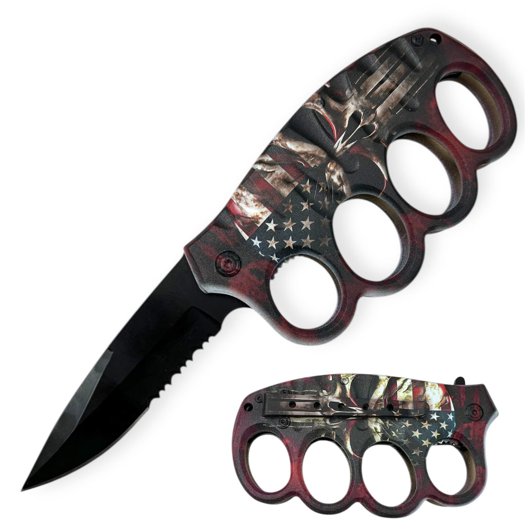 8 Inch Matryk Extreme Spring Action Trench Knife/American Skull