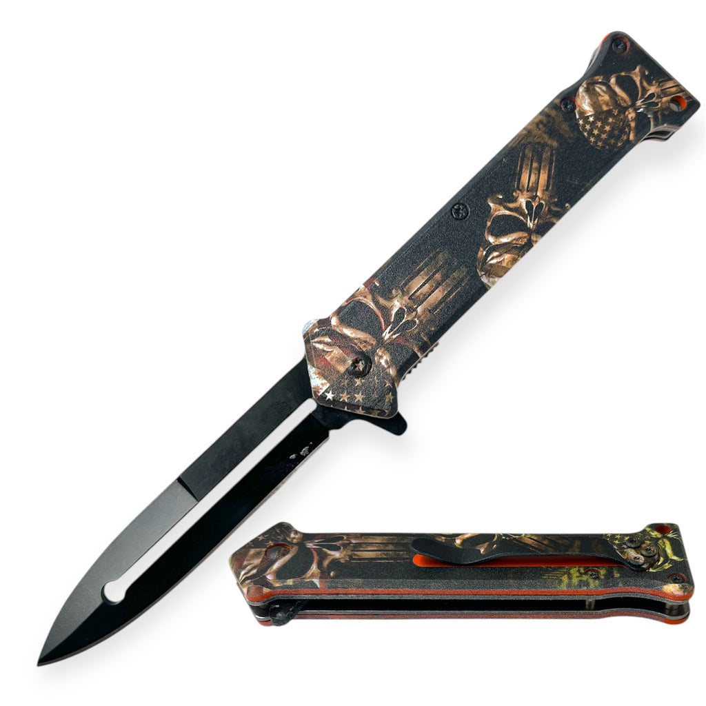 Tiger-USA Spring Assisted Knife Orange W/Skull