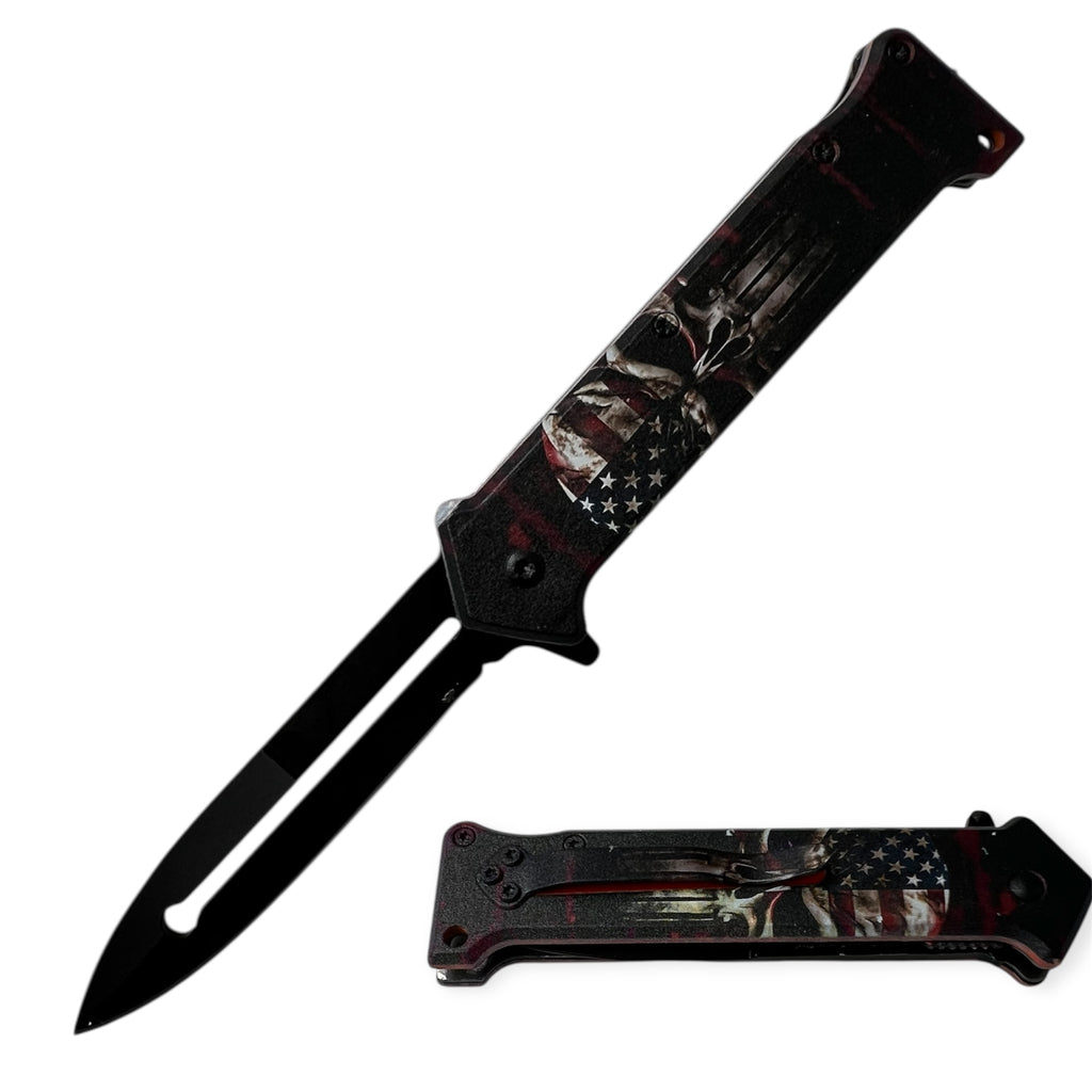 Tiger-USA Spring Assisted Knife Orange W/American Skull