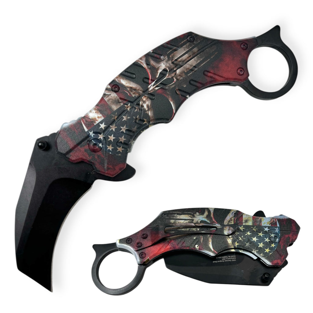 Tiger-USA® Folding Knife Karambit Style American Skull