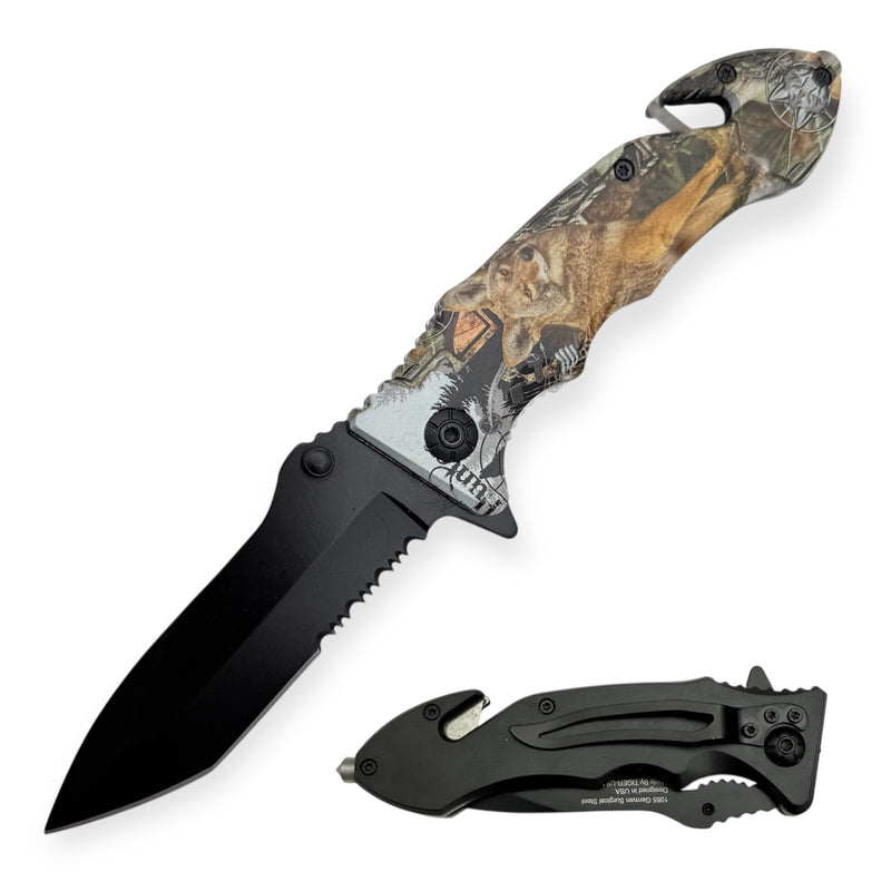 8.5 Inch Tiger USA Spring Assisted Knife Tanto -  Wolf