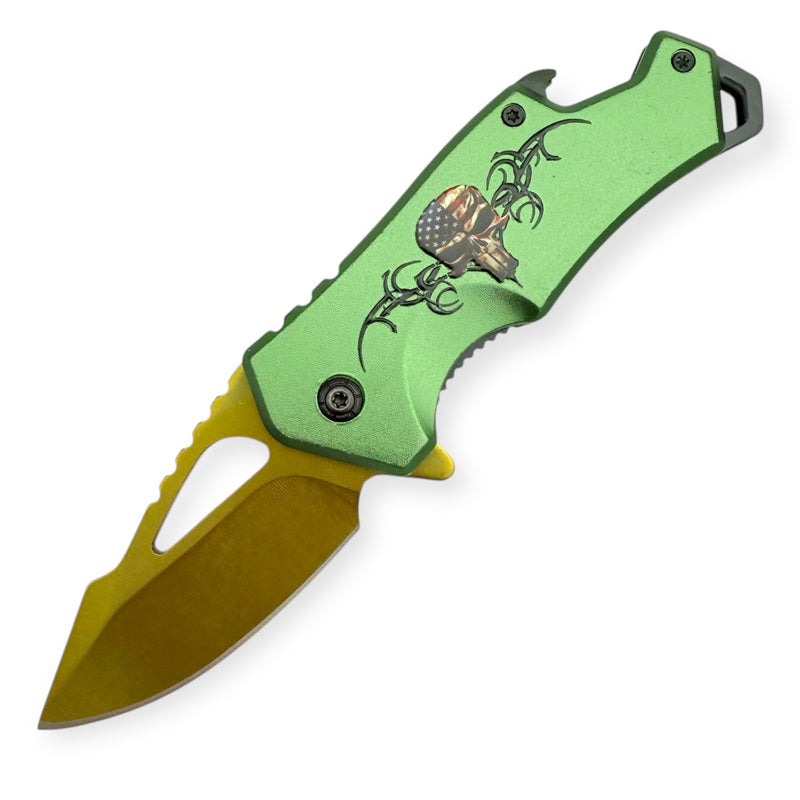 DROP POINT GREEN HANDLE GOLD BLADE  AMERICAN SKULL