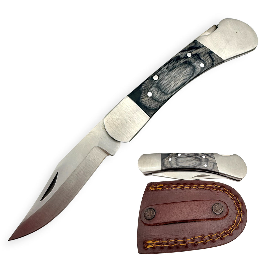 Red Deer®Folding Knife W/Leather Case Grey