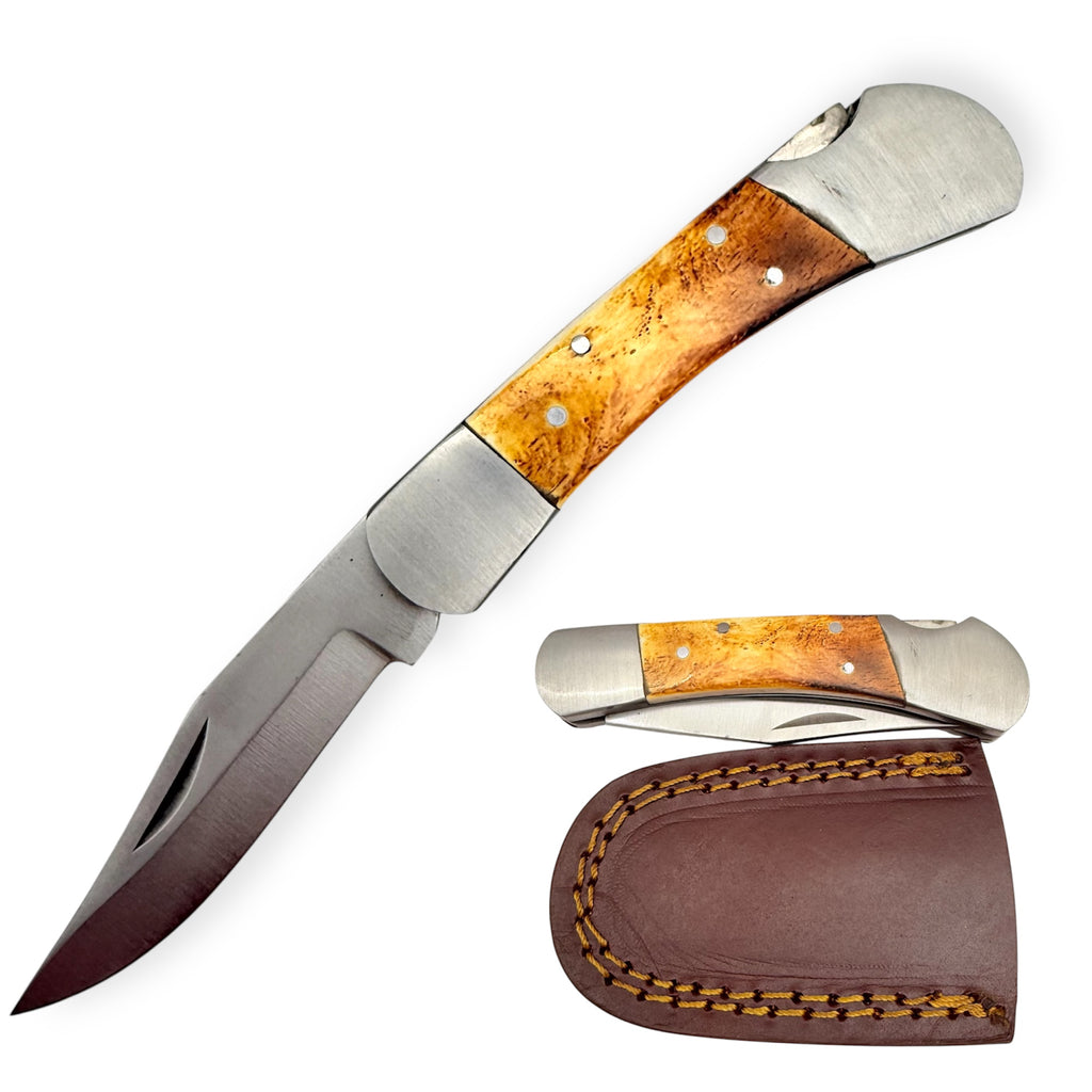 Red Deer®Folding Knife W/Leather Case Grey