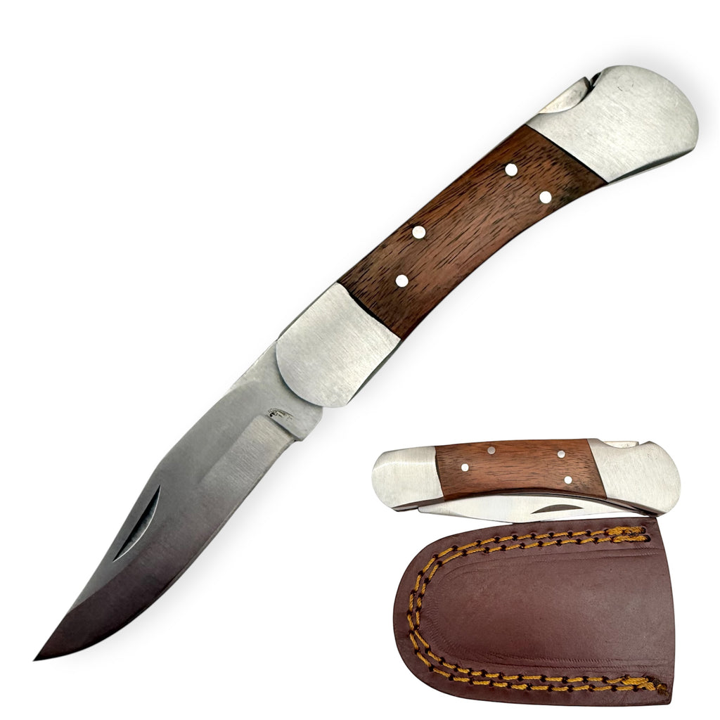 Red Deer®Folding Knife W/Leather Case Brown  Wood