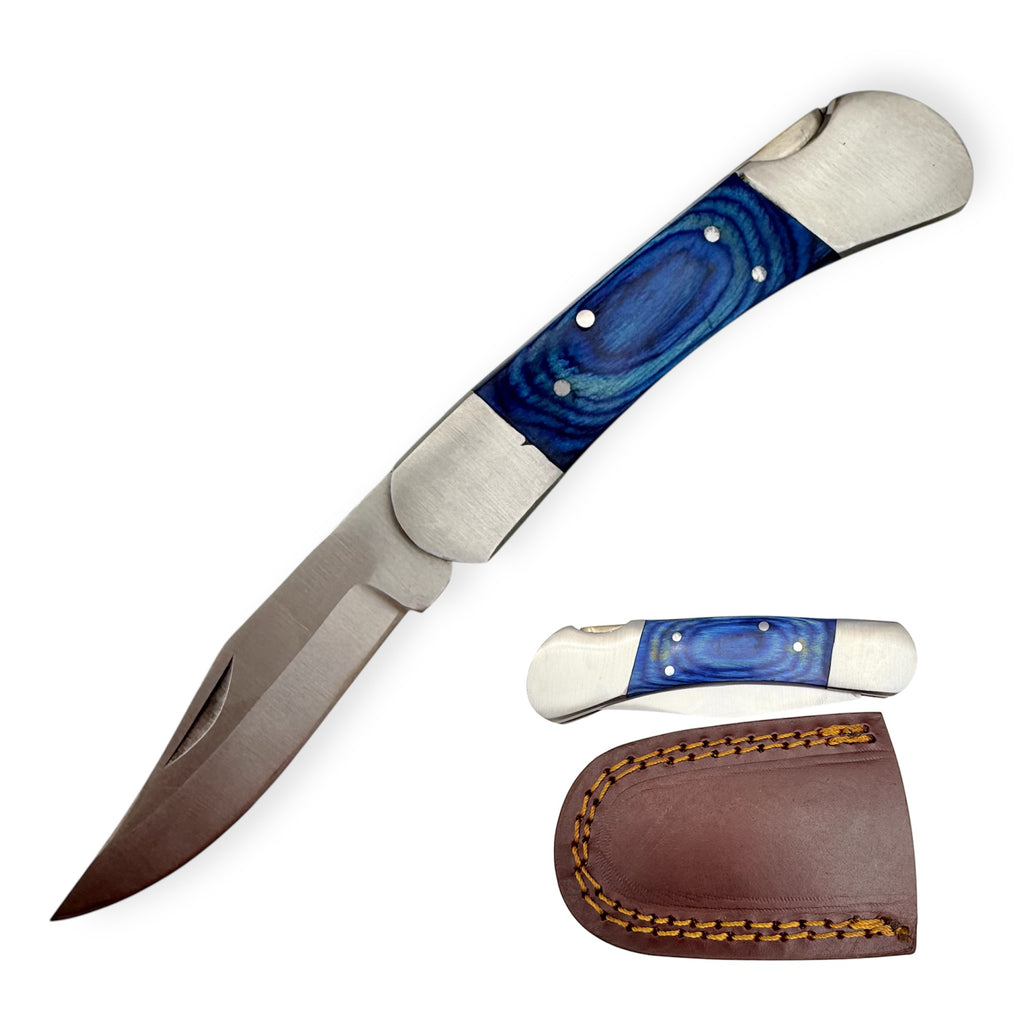 Red Deer®Folding Knife W/Leather Case Blue