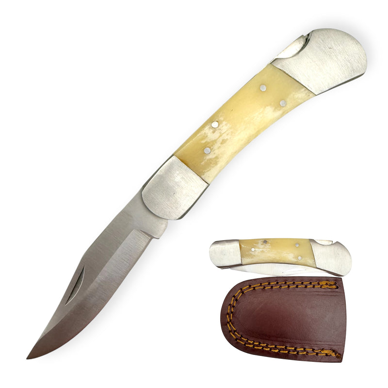 Red Deer®Folding Knife W/Leather Case Bone