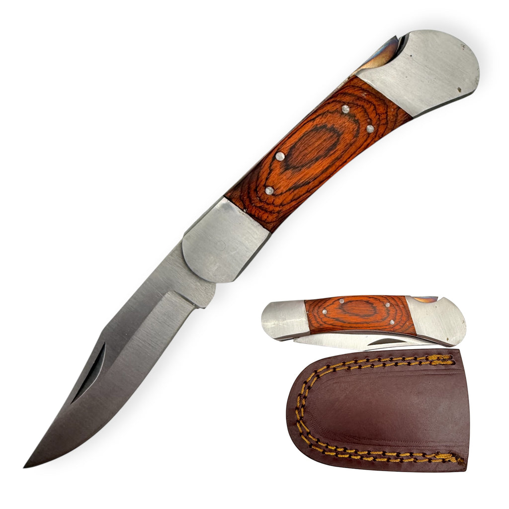 Red Deer®Folding Knife W/Leather Case Orange Wood