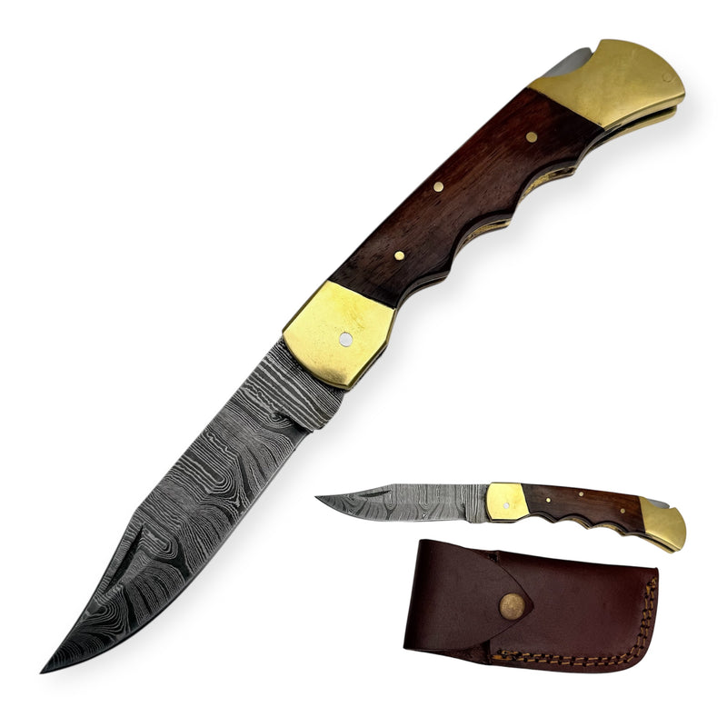 Red Deer® Damuscus Folding Knife Spring Assisted Blade W Case Dark Brown