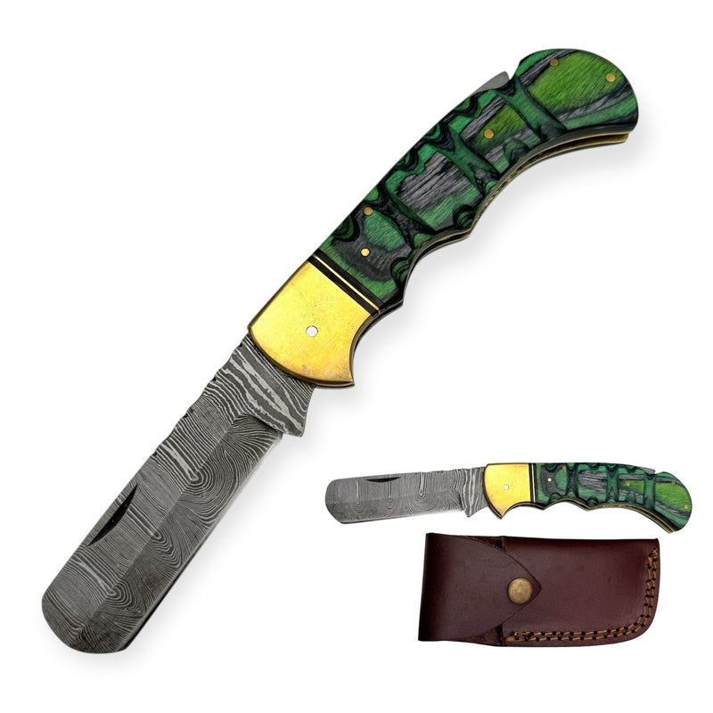 Red Deer® Damuscus Folding Knife Spring Assisted Blade W Case Green blunt-tip design