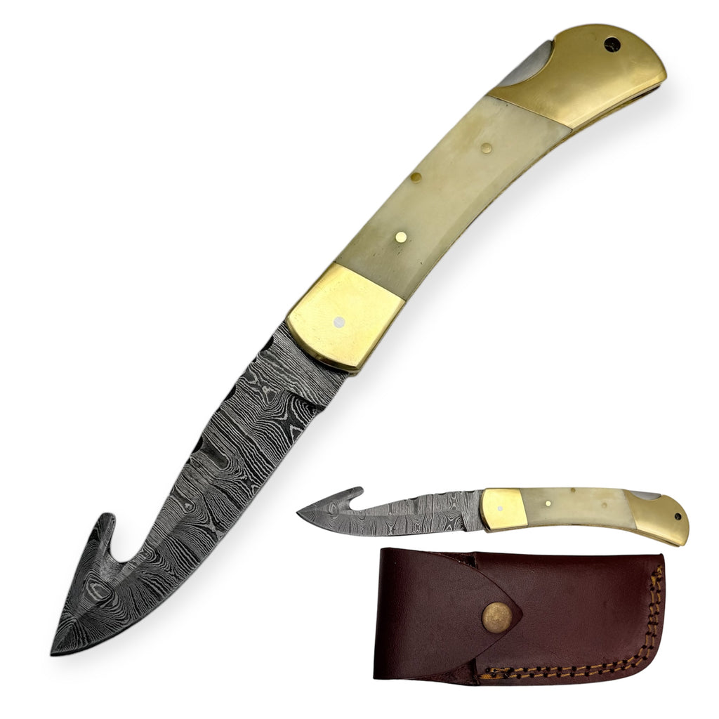 Red Deer® Damuscus Folding Knife Spring Assisted Blade W Case