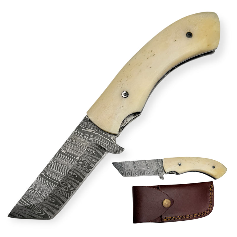 Red Deer® Damuscus Folding Knife Spring Assisted Blade W Case Bone