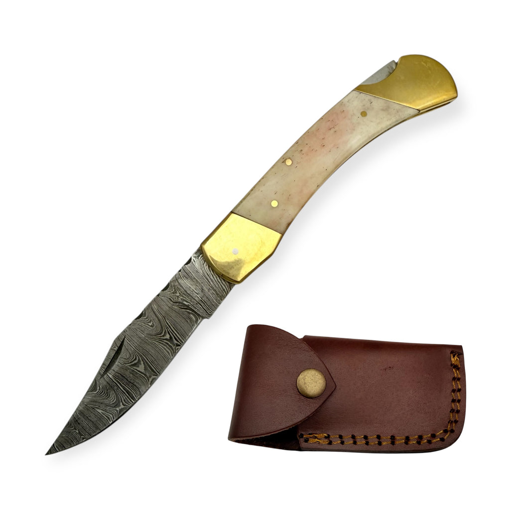 9.0 Red Deer® Damuscus Folding Knife  W Case Drop Point (clip-point)