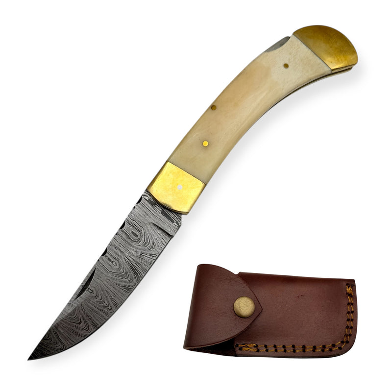 8.75 Inch Red Deer® Damuscus Folding Knife Spring Assisted Blade W Case Drop Point