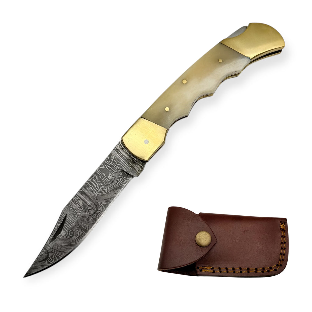 8.5 Red Deer® Damuscus Folding Knife W Case Drop Point (clip-point)