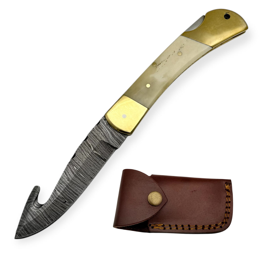 9.0 Red Deer® Damuscus Folding Knife Spring Assisted Blade W Case Bone