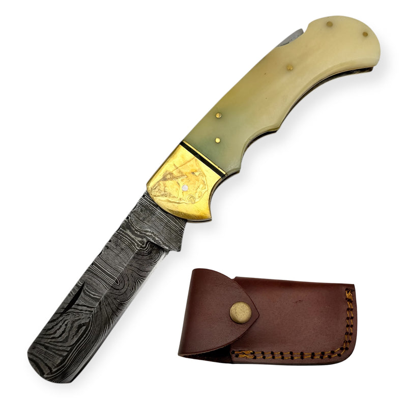 Red Deer® Damuscus Folding Knife Spring Assisted Blade W Case blunt-tip design