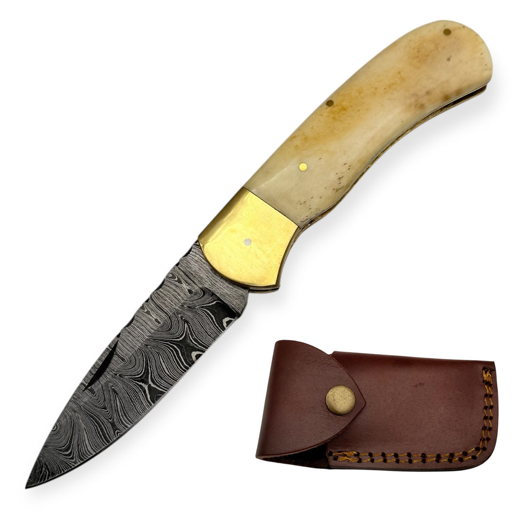 Red Deer® Damuscus Folding Knife Spring Assisted Blade W Case Drop Point