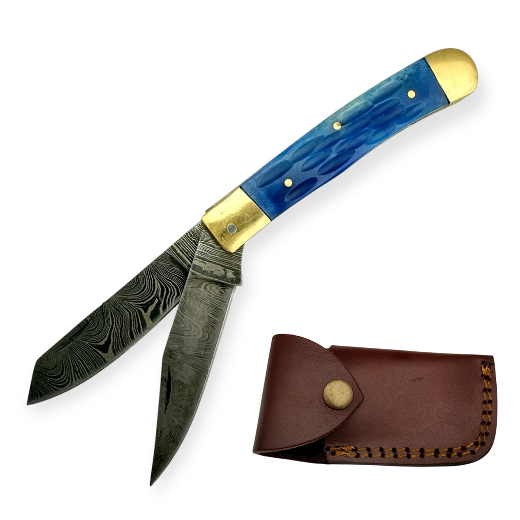 7.5  Red Deer® Damuscus Two-Blade Folding Trapper Knife Tanto/Drop Point