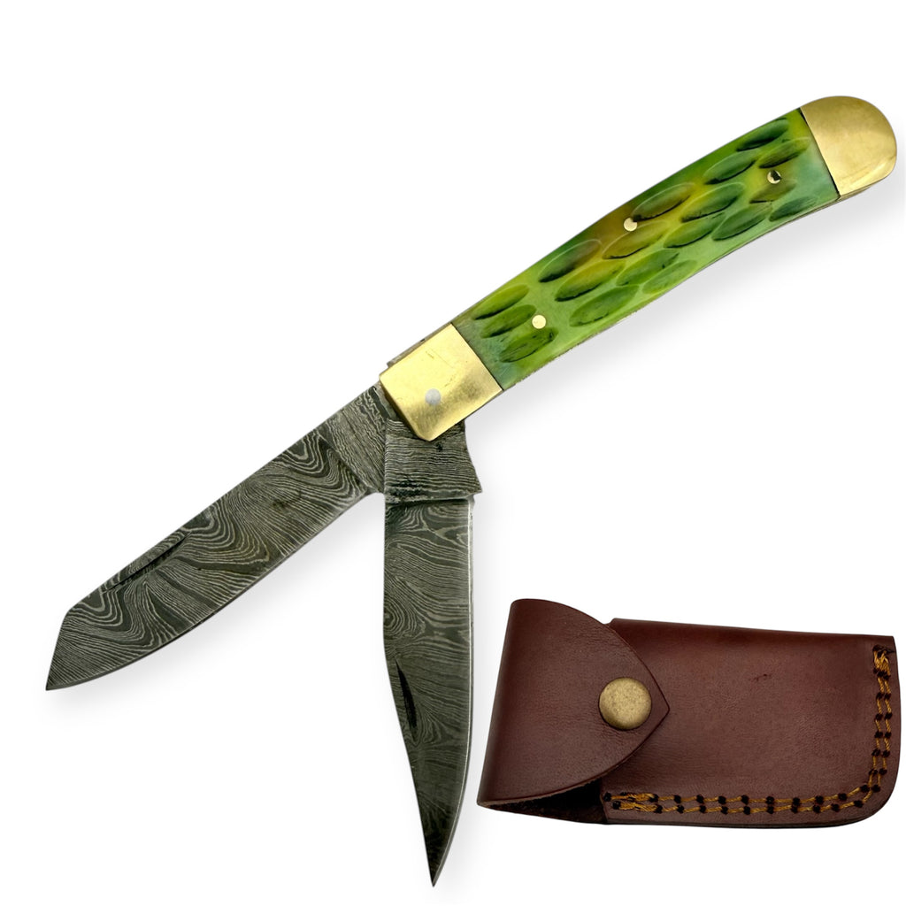 7.5  Red Deer® Damuscus Two-Blade Folding Trapper Knife Tanto/Drop Point Green