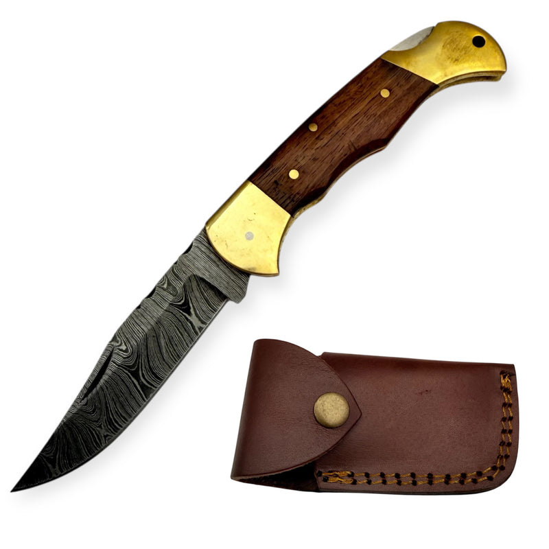 7.25 Red Deer® Damuscus Folding Knife W Case Drop Point Dark Wood