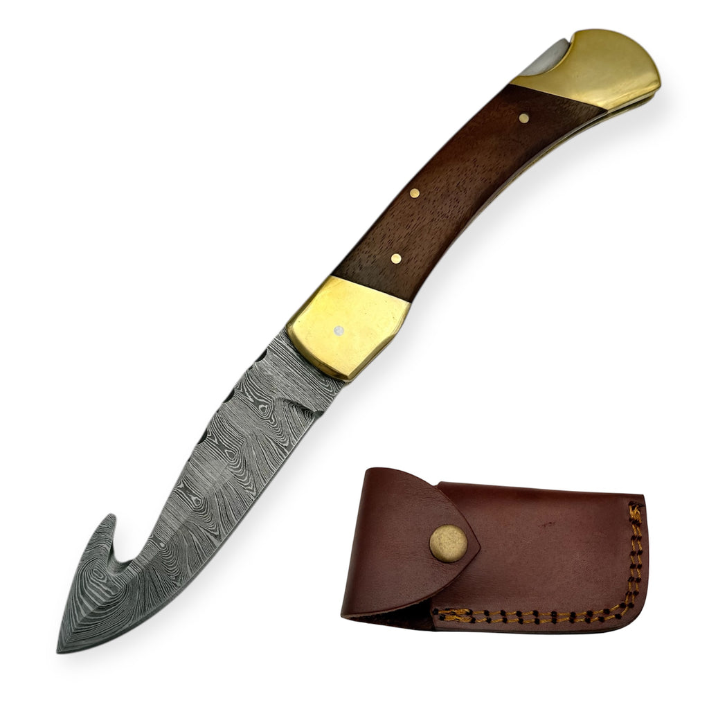9.0 Red Deer® Damuscus Folding Knife  W Case Dark Wood