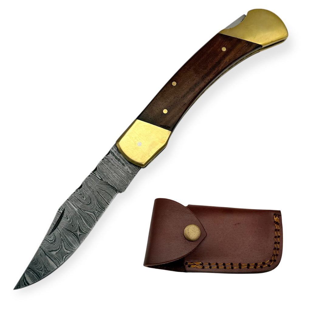 8.75 Inch Red Deer® Damuscus Folding Knife  W Case Drop Point